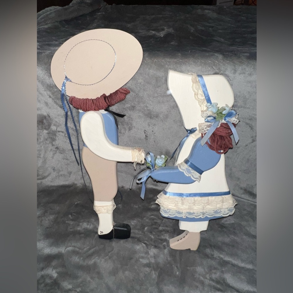 Wood Hand Painted Vintage 80s English Boy & Girl With Bonnets Hair Wall Hangings
